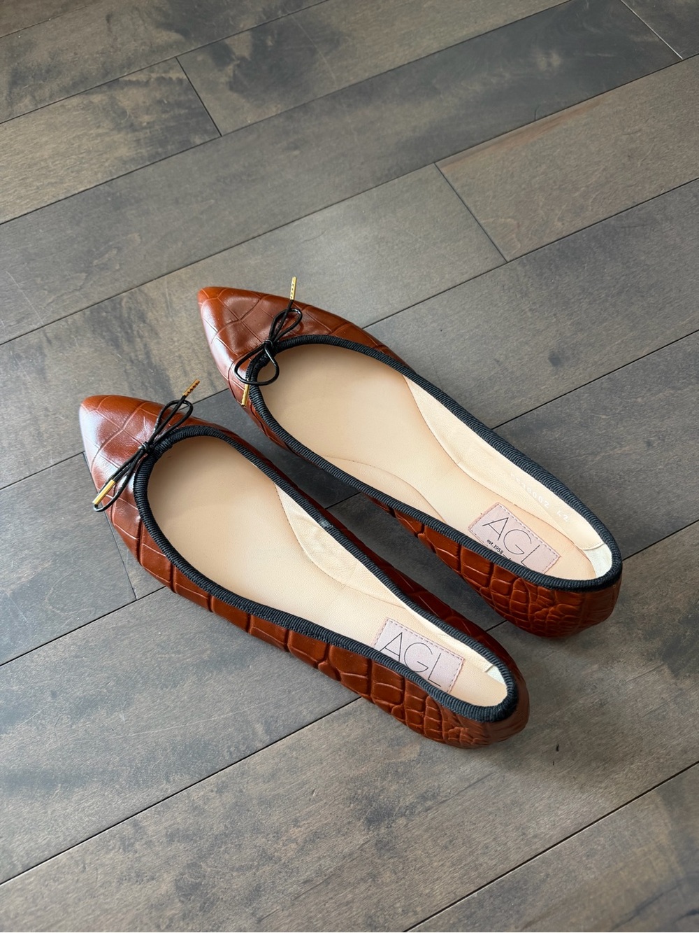 AGL Croc-Embossed Pointed Toe Ballet Flats in Cognac Brown - Size 42 or US 11